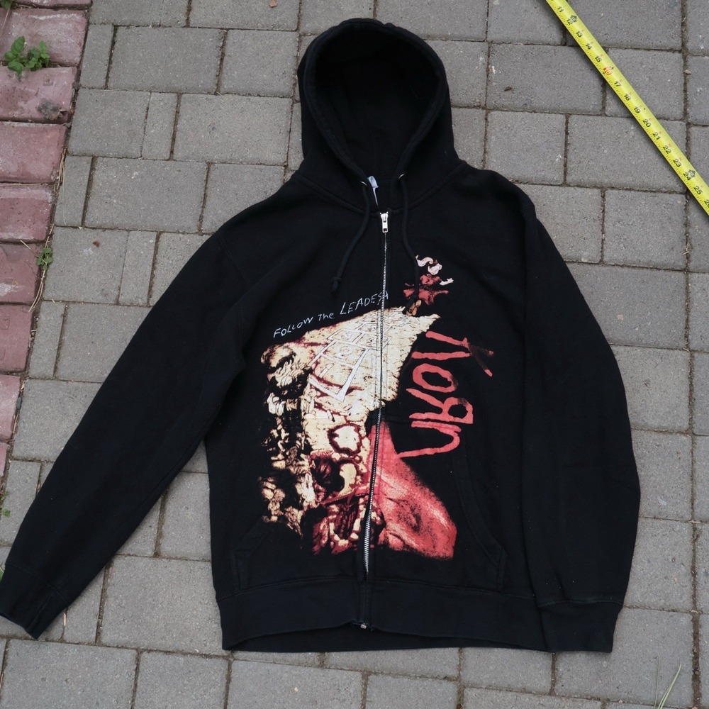 Y2K Korn Follow The Leader Hoodie Mens M Black Full Zip Rock Band Nu Metal Album